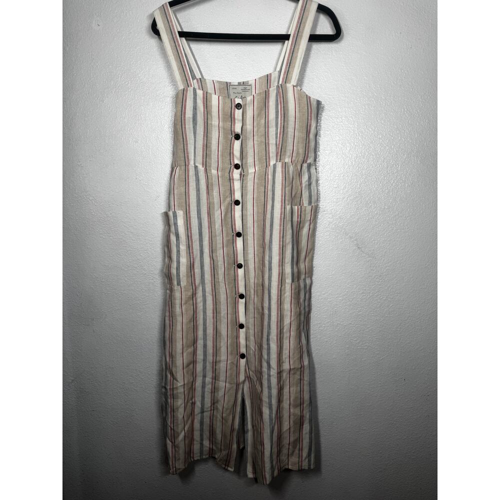 Giuliva Heritage Linen Midi Dress White Beige Red Blue Striped Front Button Sz S
